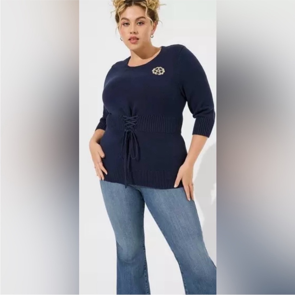 Torrid Outlander Lattice Front Quarter Sleeve Tunic Sweater with Embroidery